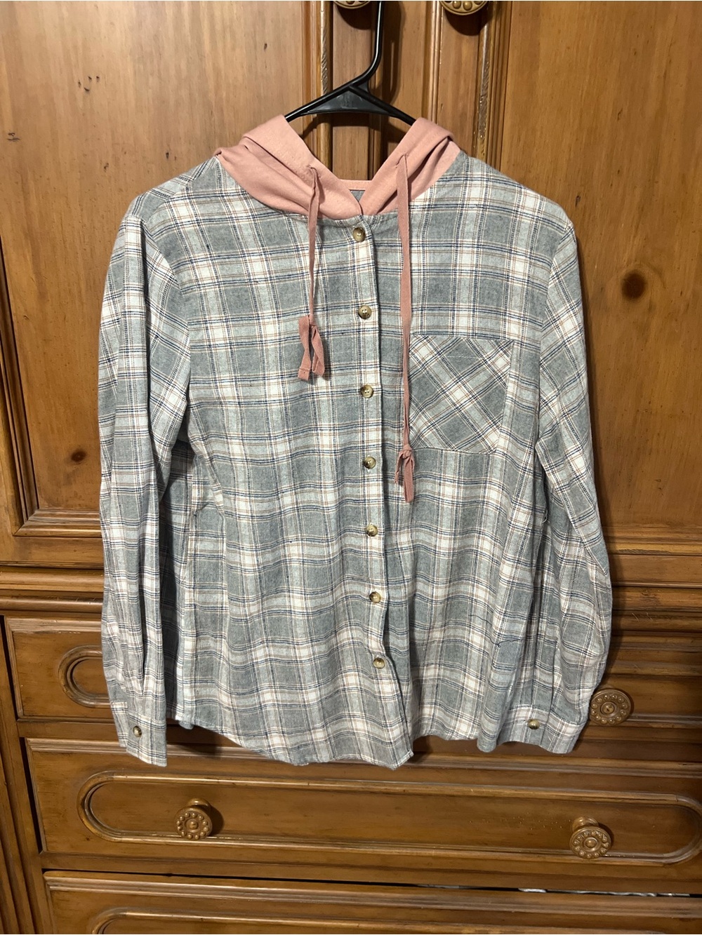 Plaid Utility Hooded Button-Front Jacket in Dusty Rose Hood